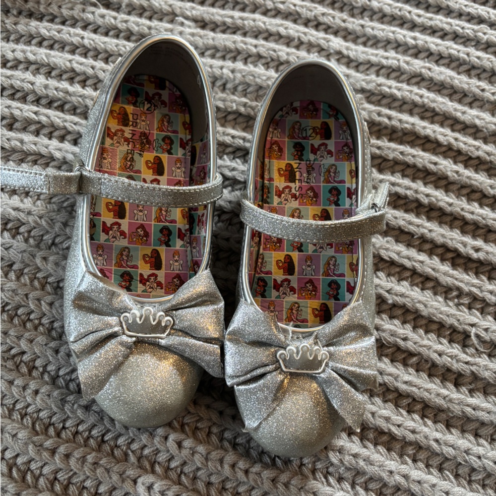 Disney Princess Silver Glitter Bow girls Dress Shoes heels